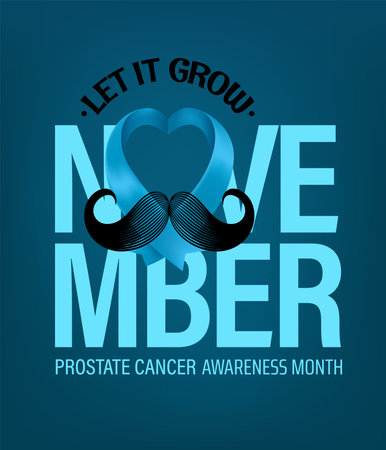 Prostate cancer awareness month concept with light blue silk ribbon and mustache