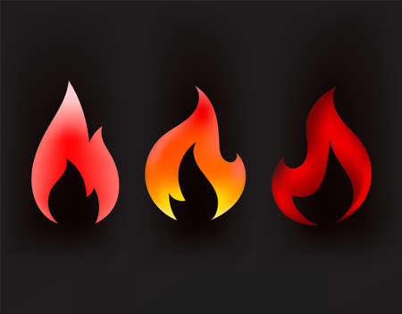 Burning flames on dark background. Vector collectionのイラスト素材
