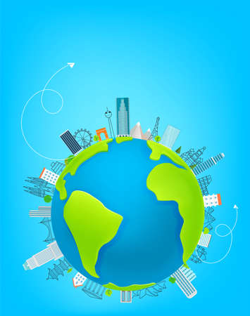 World travel concept with famous world sights. Banner with copy spaceのイラスト素材