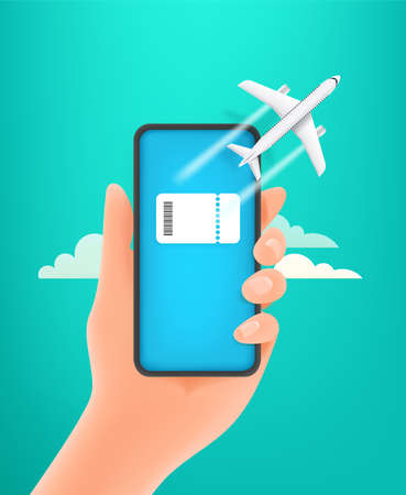 Booking e-ticket on smartphone concept. Modern smartphone with ticket on the handのイラスト素材