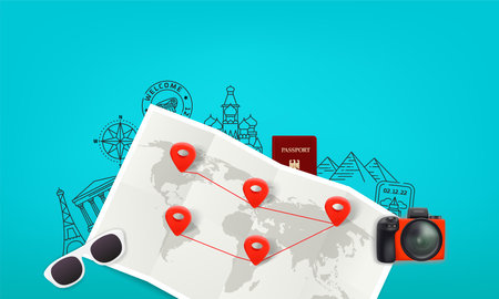 Travel illustration with paper map, digital camera, passport, sunglasses and red pinsのイラスト素材
