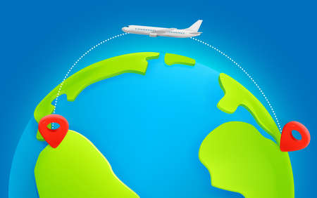 Jetliner flight trajectory from continent to continent with dashes trace. Back to Americaのイラスト素材
