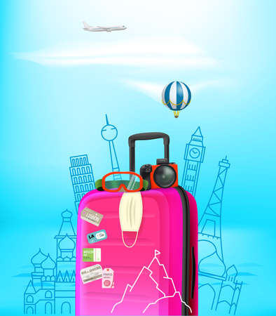 Summer travel concept with baggage, camera, protective mask. Summer 2021のイラスト素材
