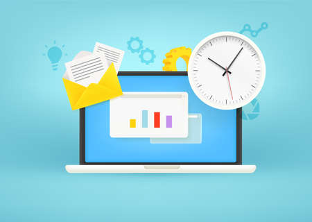 Time management concept. Modern laptop with clock and other staffのイラスト素材