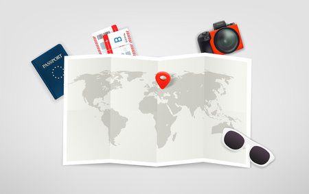 Travel illustration with paper map, digital camera, passport, sunglasses and red pinのイラスト素材