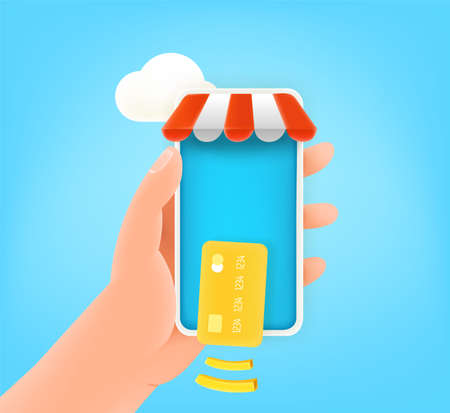 Online payment via modern smartphone. Cute 3d style illustrationのイラスト素材