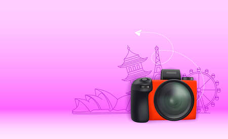 Digital camera on violet background with copy space. Travel bannerのイラスト素材