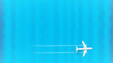 Jetliner flight above the blue sea on top speed. Aircraft with turbines trace and shadow. Horizontal...