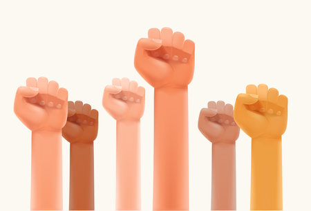 Different race men fists up in the air. Strike or human power concept