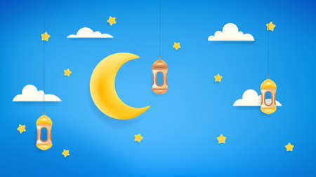 Islamic holidays decoration. Vector banner with moon and stars. Plasticine effect illustrationのイラスト素材