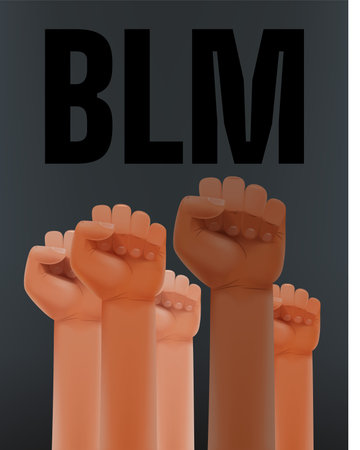 Black lives matter. Different race men fists up in the air and letters BLM