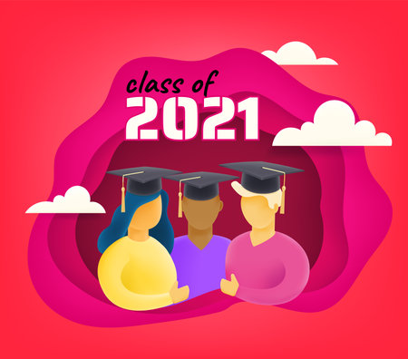 Class of 2021. Sudents with graduation cap 3d style vectorのイラスト素材