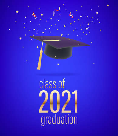 Class of 2021 graduation. Flying confetti and graduation capのイラスト素材