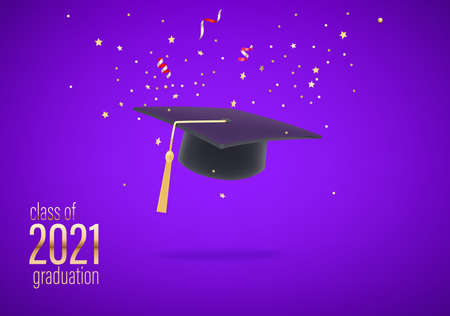 Class of 2021 graduation. Flying confetti and graduation capのイラスト素材