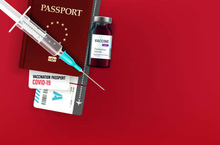 Vaccination passport concept with copy space. 3d style vector illustration with vial, ticket, passport and syringeの写真素材