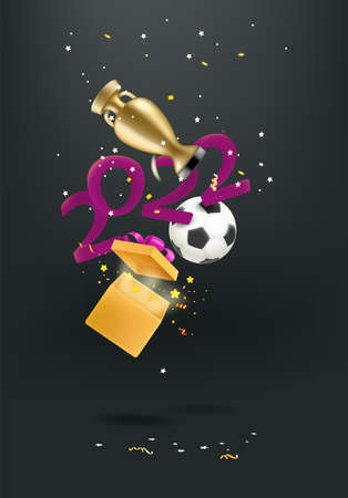 Golden trophy, soccer ball, opened box and digits 2022 falling down. 3d style cute illustrationのイラスト素材