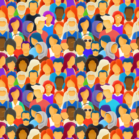 Big crowd of different race people seamless pattern