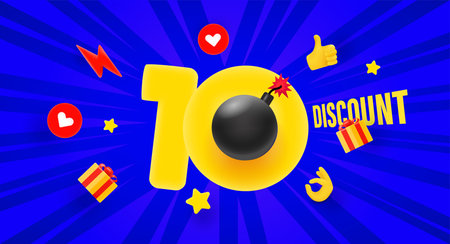 10 percent discount offer. Sale vector banner with rays and different elements