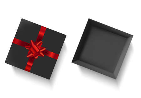Black gift box with red ribbon and bow isolated on white backgroundのイラスト素材