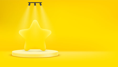 Bright yellow scene with round pedestal the star. Horizontal banner with copy spaceのイラスト素材