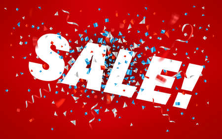 Sale concept. Color foil confetti and ribbons on red backgroundのイラスト素材
