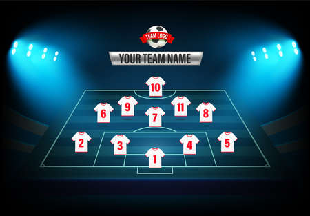 Soccer team formation template. Illuminated football stadium with players numbersのイラスト素材