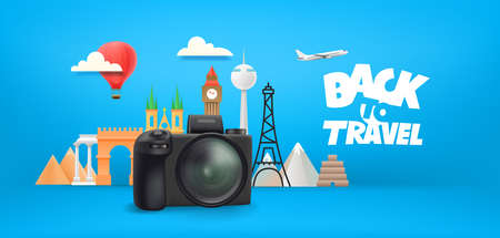 Back to travel concept. World travel vector illustration with famous monumentsのイラスト素材