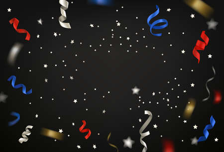 Flying red, white, gold and red ribbons and confetti background. Anniversary frame templateのイラスト素材