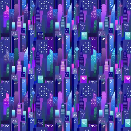 Seamless pattern of evening cityscape with glowing windowsのイラスト素材