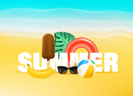 Summer banner with tropical fruits and beach stuffのイラスト素材