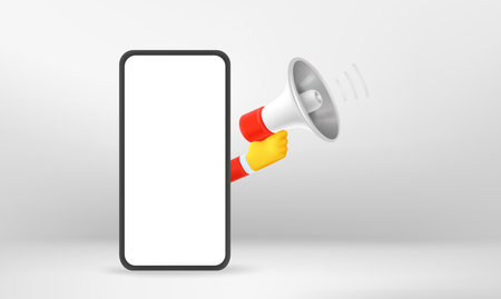 Hand with loudspeaker. Web notification concept with mobile phone mockup,のイラスト素材