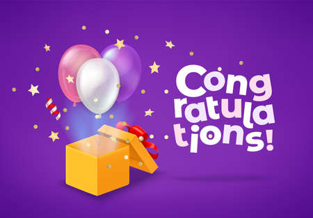 Opened box with air balloons flying out from the box. Greeting card with inscriptionのイラスト素材