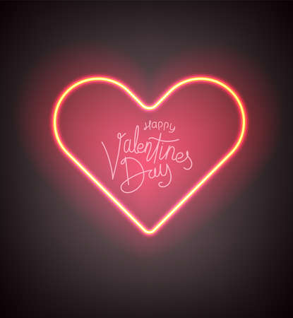 Neon glowing heart shape. Happy Valentines Day vector banner templateのイラスト素材