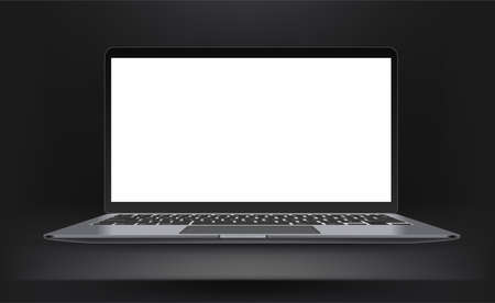 Dark interior with laptop with blank wide screen. Vector mockupのイラスト素材