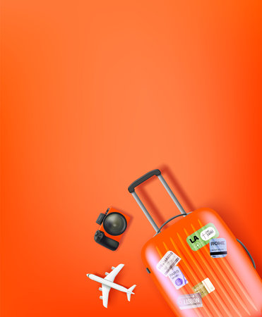 Travel illustration with orange bag, camera and aircraft model. Flat layの写真素材