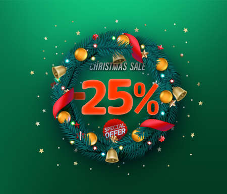 Christmas sale special offer vector promo banner. Twenty five percent discountのイラスト素材