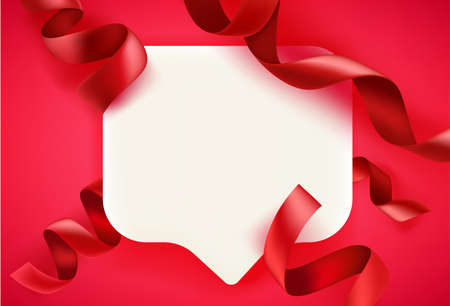 Blank white speech bubble with red ribbons. Greeting card template with copy spaceのイラスト素材