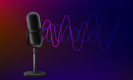 Modern microphone with abstract wavesの写真素材