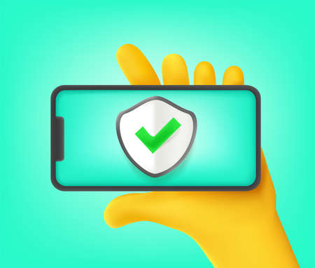Man Hand holding modern smartphone with shield icon. Information is securedのイラスト素材