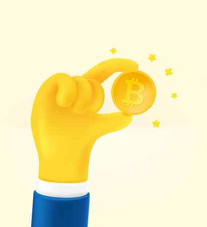Man holding bitcoin in a hand. Cute cartoon 3d style vector illustrationのイラスト素材