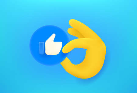 Man holding balloon with thumbs up icon. Comic 3d style vector illustrationのイラスト素材