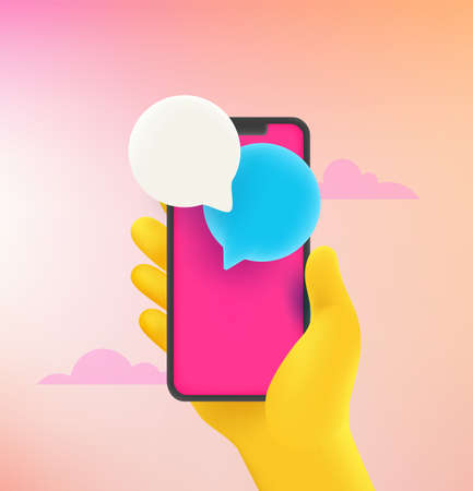 Conversation via modern smartphone. Comic 3d style vector illustrationのイラスト素材