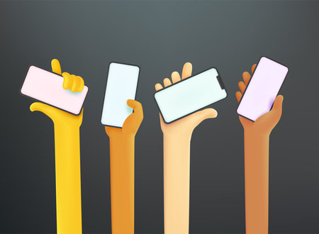 Group of people different races using smartphones to communicate. Comic 3d style vector illustration