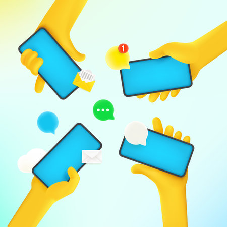 Group of people using smartphones. Communication concept. Comic 3d style vector illustration