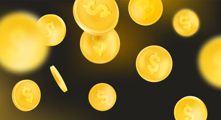 Golden coins falling down on dark background