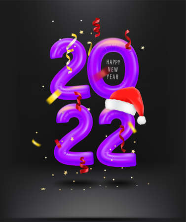 Happy New 2022 Year vertical banner. Red air ballons in dark interiorのイラスト素材