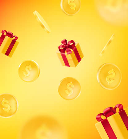 Golden coins and gift boxes falling down vector illustrationのイラスト素材