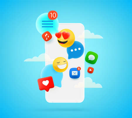 Social media communication via smartphone. Vector concept with speech bubbles and emoticonsのイラスト素材