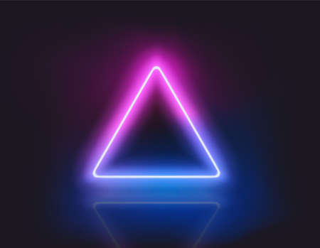 Triangle neon glowing frame on dark background. Trendy color vivid gradient. Template for designのイラスト素材