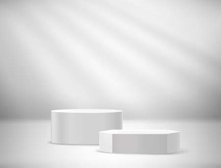 Clean bright interior with sunlight from the window and two pedestals for products. Realistic 3d style vector illustrationのイラスト素材